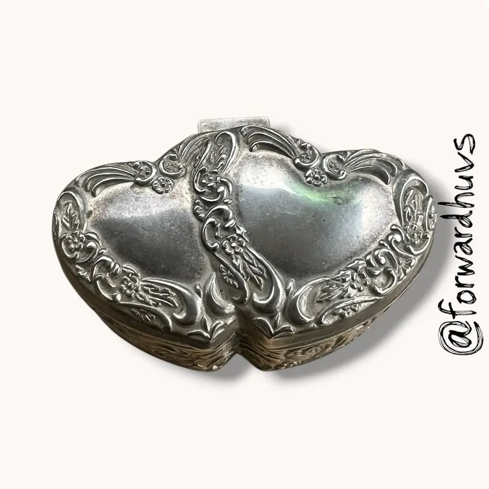 Vintage Ornate Double Heart Silver Tone Hinged Trinket Box Blue Velvet Lined